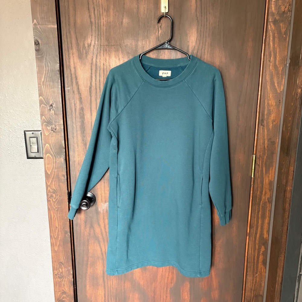 Pact Womens Organic Cotton Sweatshirt Dress Teal Green Long Sleeve Mini Small
